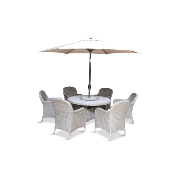 Bergen Sand Weave 6 Seat Dining Set With Lazy Susan And Parasol