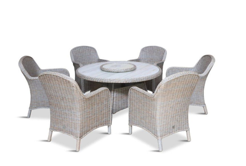 Bergen Sand Weave 6 Seat Dining Set With Lazy Susan And Parasol