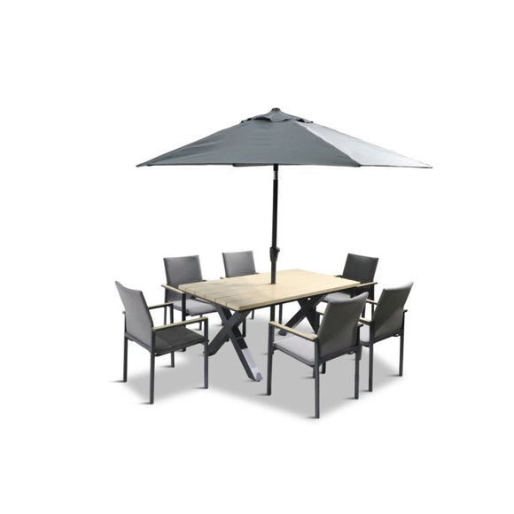 Venice Grey Aluminium 6 Seat Dining Set With Stacking Armchair And 3.0M Parasol