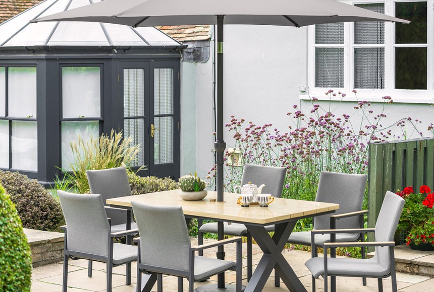 Venice Grey Aluminium 6 Seat Dining Set With Stacking Armchair And 3.0M Parasol