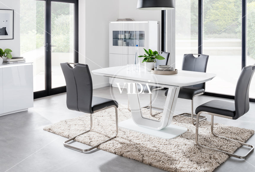 Lazzaro 160cm Ext. White Gloss Dining Table and Leather Chairs