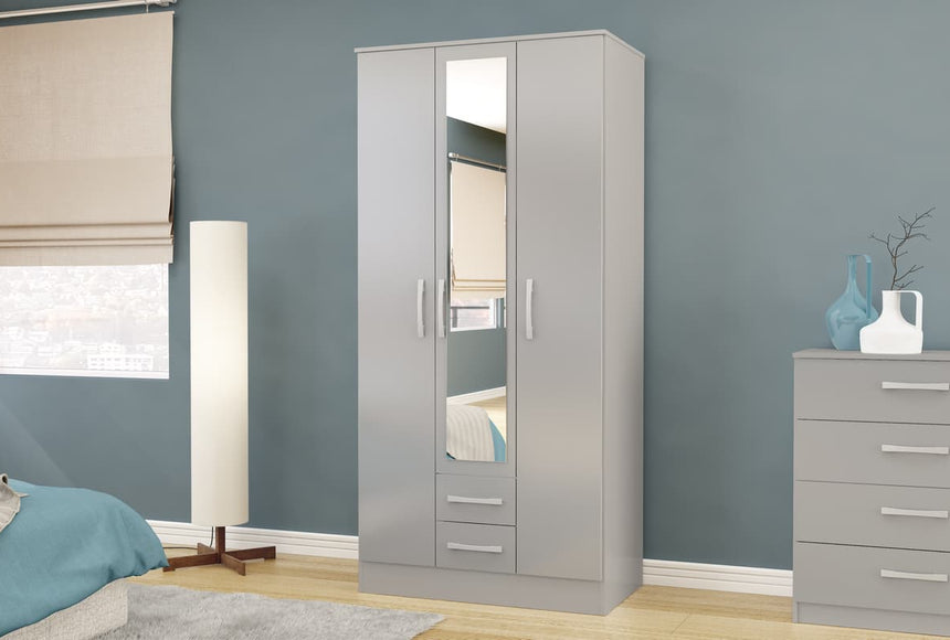 Lynx Grey High Gloss 3 Door 2 Drawer Robe with Mirror