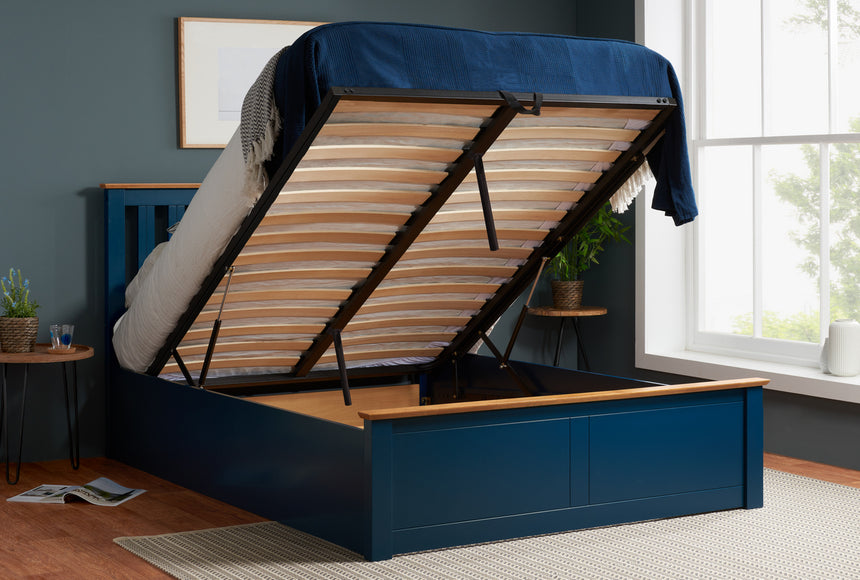 Phoenix Navy Blue Wooden 4ft6 Double Ottoman Bed