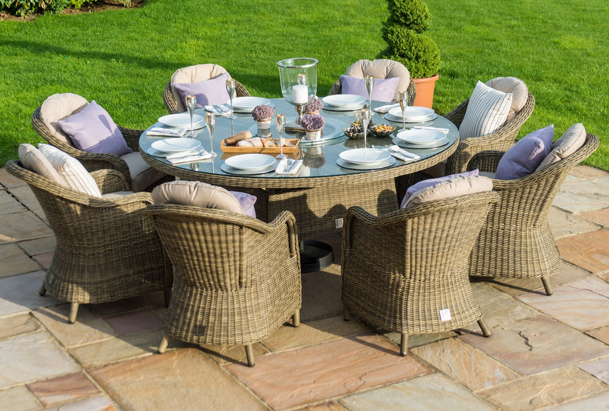 Maze Winchester 8 Seat Round Rattan Fire Pit Dining Set with Heritage Chairs and Lazy Susan