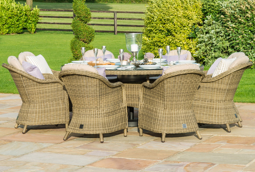 Maze Winchester 8 Seat Round Rattan Fire Pit Dining Set with Heritage Chairs and Lazy Susan